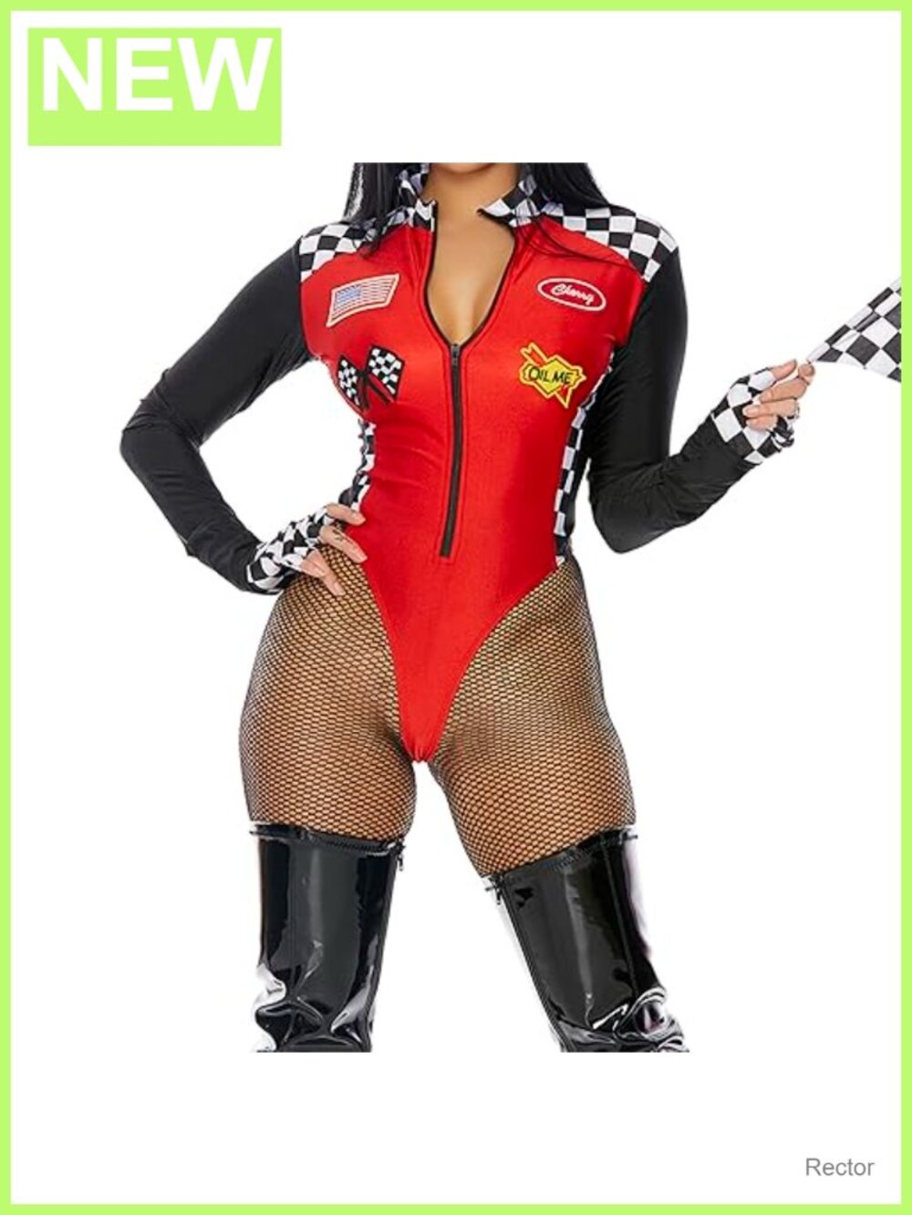 4-Piece Racer Costume Zipfront Bodysuit Gloves Sunglasses Pantyhose